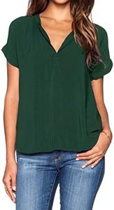 LILBETTER Women Chiffon Blouse V Neck Short Sleeve Top Shirts (Dark Green,X-Large)