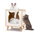 NeoCloud Wooden Cat House Cat Bed Indoor Cat Scratcher Condo TV-Shaped Cat Furniture Nightsatnd End Table, Natural