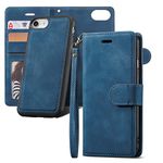 QLTYPRI Case for iPhone SE 2022 5G/iPhone SE 2020/iPhone 8/iPhone 7, 2 in 1 Detachable Wallet Case PU Leather with [Card Slots] [Kickstand][Wrist Strap][Magnetic Closure] Shockproof Flip Cover-Blue