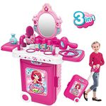 Role Play Vanity Jewelry Play Kit 3 in 1 Girls Makeup Dressing Table with Light Mirror Hair Dryer Accessorie Gift Toy for Kids