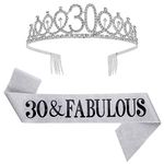 SUSSURRO "30 and Fabulous Sash and Rhinestone Tiara Set,30th Birthday Gifts Birthday Sash for Women Birthday Party Supplies( Silver)