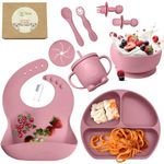 O'doe 11-Piece Baby Led Weaning Feeding Supplies for Toddlers, Baby Feeding Set | Suction Silicone Baby Bowl Self Eating Utensils Set with Spoons, Bibs, Toddlers Spoon Set, Food Plate Kit | Rose V1