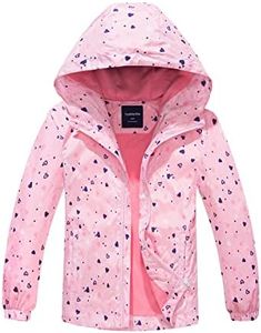 MGEOY Girls Rain Jacket Lightweight Waterproof Hooded Cotton Lined Raincoat Windbreaker for Kids Size 4-12 Years, Pink Heart, 10-12 Years