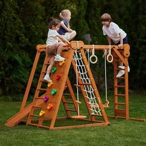 Avenlur 8-in-1 Small Indoor/Outdoor Playset – Foldable Wooden Kids Play Set for Backyard – Kid Playground for Toddlers Age 2–6 with Slide, Monkey Bars, 2 Ladders, 2 Swings, Rock Climbing, Gym Rings