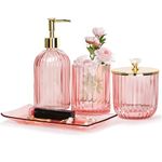 Kukikan Pink Glass Bathroom Accessories Sets - Complete 4 Pcs Glass Vanity Set with Lotion Soap Dispenser, Toothbrush Holder, Vanity Tray, and Apothecary Jar for Stylish Bathroom Decor