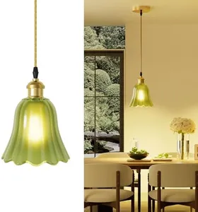 PopoIron Pendant Light with Vintage Green Glass Petal Lampshade,Height-Adjustable Pendant Lamp Hanging Light for Kitchen Island Dining Room,Dimmable Farmhouse Elegant Island Light with Bulb Hardwired