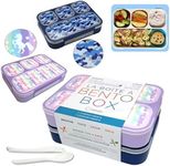 kinsho Camo and Unicorn Lunch Boxes for Boys Girls, 4 Compartment Bento-Box Lunch-Box for Kids, School or Travel Snack Containers, Utensils, Rainbow Unicorn + Blue Camo 2 pack set