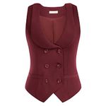 Belle Poque Button Down Vintage Deep V-Neck Vest for Women Lapel Collar Formal Waistcoat with Pockets Dark Red XXL