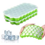 YHT 2 Pack Ice Cube Trays with Lids,2 Pcs Food Grade Silicone Diamond Shape Ice Cube Tray with Removable Lid,Each Makes 37 Grid Flexible Ice Cube Molds for Chilled Drinks,Whiskey,Cocktail（Green）