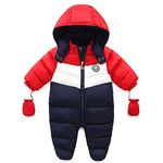 AIKSSOO Baby Boys Girls Snowsuit Hooded Colorblock Newborn Romper Outfits Winter Footed Infant Jumpsuit Red