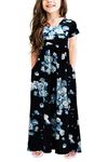 GORLYA Girl's Short Sleeve Floral Print Loose Casual Holiday Long Maxi Dress with Pockets (14Years/Height:160cm, Blue Print)