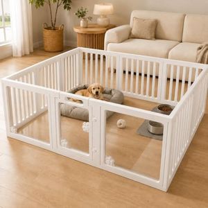 KAPEICamper Clear Acrylic Dog Playpen - 150×150×60cm Indoor Puppy Pen with 2cm Thick Panel & Gate, Easy Assemble & DIY Splicing, Transparent Pet Enclosure for Dogs, Puppy, Cats, Small Pets (12 Panels)