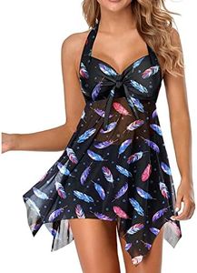 Holipick Women Two Piece Swim Dress Underwire Swimsuits Push Up Tankini Halter Bathing Suit Dress with Boyshorts, Black Feather, Medium