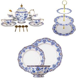 ACMLIFE Bone China Tea Set for 4, Bone China Dinnerware Set for 4, 3 Tier Cupcake Stands for Dessert Table