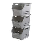 Xowine Set of 3 Kitchen Storage Plastic Stackable Storage Baskets, Gray Stacking Basket