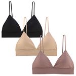 INIBUD Bralette for Women Triangle Cups Removable Padded Wire Free Pull On Closure, 3 Pack Black&brown Sugar& Wheat, M