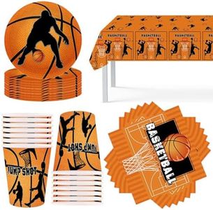 Stoviglie di Basket,53Pcs Stoviglie per Feste di Basket,Basket Tema Forniture per Feste di Compleanno Include Piatti di Basket Tovaglia Tazze Tovaglioli Decorazioni per Feste di Pallacanestro