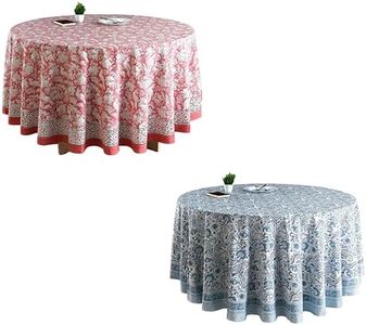 CPC Round Cotton Tablecloth Bundle – 120 Inch Indian Block Print Table Covers, Coral Pink and Indigo Blue, Handmade and Washable for Weddings and Spring Summer Entertaining