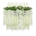 HOME BUY 12 Pack Artificial Wisteria Vine Ratta Fake Wisteria Hanging Garland Silk Long Hanging Bush Flowers String Home Party Wedding Decor (White)