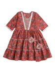 The Magic Wand Cotton Dress for Girls Frock Flora Printed Dresses for Kids Baby Girls Elbow Sleeves Anarkali Lace Embelished Detailing Tiered Gota Lace Dress, Red, 9-10 Year