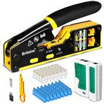 Brileine RJ45 Crimping Tool Pass Through Kit Ethernet Crimper Cat5 Cat5e Cat6 Crimping Tool for RJ11/12 6P/8P with Network LAN Cable Tester, 50PCS CAT6 Connectors, 50PCS Boots, Mini Cable Stripper