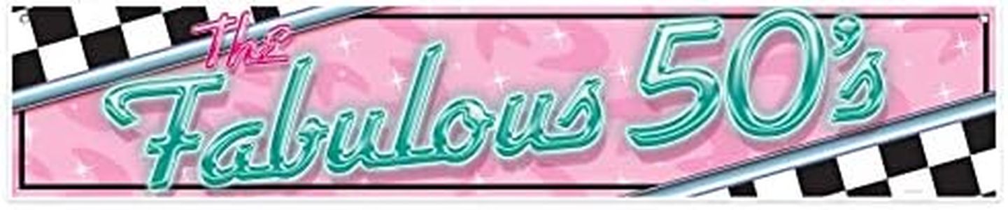 Beistle 5' Wide 1950's Theme Plastic The Fabulous 50's Banner with Grommets for Hanging, Sock Hop Party Decorations, Indoor/Outdoor Use, 12" x, Pink/Blue/Black/White