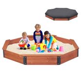 85''x78''x9'' Octagon Sandbox with Cover for Kids Outdoor Play, Wood Large Sandpit with 4 Benches, Quick Easy Install