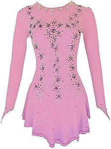 Ice Skating Dress Purple Yellow Halo Dyeing Spandex Handmade Crystals Long Sleeve Ice Skating Figure, Pink, 12-15 Years