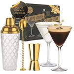 Vemacity Glass Cocktail Making Kit + 2 Ribbed Martini Glasses with Gold Rims | 500ml Glass Shaker with Gold Lid & Strainer, Spoon & Jigger | Luxury Cocktail Gift Set in Box | Ideal for Christmas