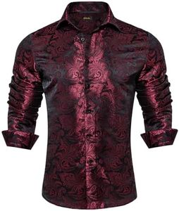 DiBanGu Silk Paisley Dress Shirts for Men Long Sleeve Button Down Shirt Casual Regular Fit Mens Shirts Wedding Party, Red and Black Paisley, XX-Large