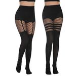 Yilanmy Women's Mock Thigh High Suspender Tights Fishnet Stockings Fishnets Black Opaque Stocking Pantyhose 2 Pairs (Suspender+Striped)