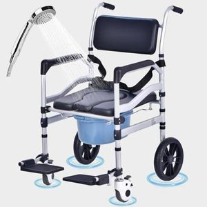 Rolling Shower Chair with Wheels for Elderly and Disabled, Foldable Wheelchair Lightweight Folding, Bedside Commode Chair With Arms For Toilet, Raised Toilet Seat Raiser With Handle for Senior (Black)