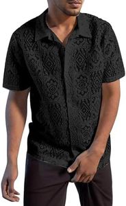 Mens Lace Sheer Button Down Shirt Floral Meshed Short Sleeves Knit Shirts Tee Top Openwork Beach Casual Vacation Black Medium