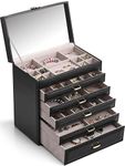 Vlando Huge 6 Tier Jewelry Boxes, Leather Earrings Rings Necklace Watch Organizer Case for Women Girls Men Armoires Jewerly Storage with Mirror, Black