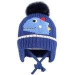 MK MATT KEELY Baby Boys Winter Knitted Hat 1-4 Years Toddlers Cartoon Dinosaur Warm Bobble Hats with Earflap,Blue