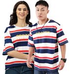 RodZen Couple Men's & Women's Pure Cotton Oversized Striped T-Shirts (Pack of 2) (Men-2XL, Women-L; Navy)