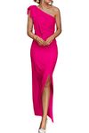 PRETTYGARDEN Women's Summer One Shoulder Long Formal Dresses Sleeveless Ruched Bodycon Wedding Guest Slit Maxi Dress (Rose Red,Large)