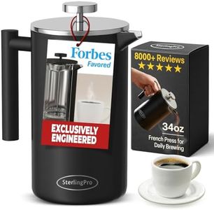 SterlingPro French Press Coffee Maker-Double Walled Large Coffee Press with 2 Free Filters- Granule-Free Coffee, Stylish Rust Free Kitchen Accessory-Stainless Steel French Press (1L, Black)