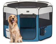 PETSFIT Dog Playpen, 45.5" Dia Pop Up Foldable Large Dog Kennel Indoor Outdoor Travel Portable Pet Playpen with Carring Case Zipper Removable Mesh Top Cover and Leakproof Playpen Bottom Mat Blue L