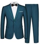 MAGE MALE Men's 2 Piece Suit One Button Slim Fit Formal Wedding Prom Tuxedo Suits Blazer Pants with Bow Tie Set, Teal Blue-notch Lapel-2, Large