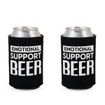 Emotional Support Beer Funny Can Sleeve Cooler Insulated Drink Coozies Soda Beer Hugger Coolies (Black, 2 Pk)