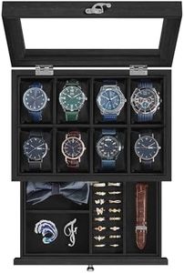 SONGMICS 8-Slot Watch Box, 2-Tier Watch Display Case with Large Glass Lid, Removable Watch Pillows, Velvet Lining, Jewelry Box,Christmas Gift, Ink Black UJOW008B02