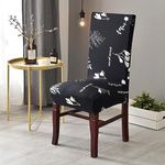 Lukzer 6PC Elastic Stretchable Dining Chair Cover Universal Protective Slipcover (Black with White Flower/ 6Cover), Polyester