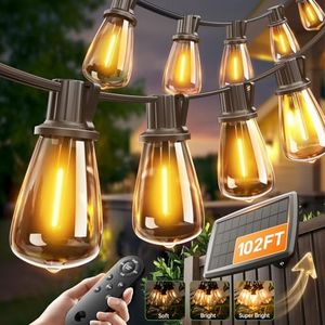 addlon 102FT(96+6) Solar String Lights Outdoor Waterproof - 30+2 LED Shatterproof Bulbs, 3 Modes, 8H Timeable & Dimmable, Patio Solar Powered Hanging Lights with Remote for Garden Backyard Camping