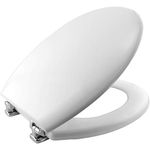 BEMIS New York Ultra-Fix White Toilet Seat. Wooden Toilet Seat with Water Based Paint for Easy Clean. Non Slip Toilet Seat with Chrome Hinges, Universal & Easy Installation, White