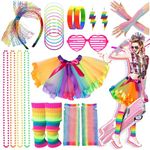 Ronilp 80s Fancy Dress for women,1980s Fancy Party Costume Accessories Set, Rainbow Tutu Skirt Leg Warmers Necklace Bracelets Fishnet Gloves 80s Lace Bow Headband Tape Earrings Sunglasses