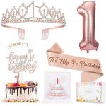 1st Birthday Decorations for Baby Girls, Including 1 year old Birthday Cake Topper, Queen Sash with Pearl Pin, Sweet Rhinestone Tiara Crown, Number Candles and Balloons