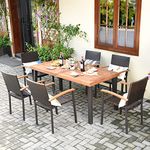 Tangkula 7-Piece Wicker Patio Dining Set, Patiojoy Outdoor Rattan Garden Yard Furniture Set, Acacia Wood Tabletop Dining Table with Umbrella Hole & 6 Stackable Rattan Chairs Set