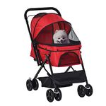 PawHut Dog Stroller, Pet Stroller, Foldable Dog Cat Travel Pushchair with Reversible Handle, EVA Wheels, Brake, Basket, Adjustable Canopy, Safety Leash, for Small Dogs, Red