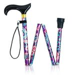 Amazing Health Folding Patterned height adjustable Walking Stick with Smart Wood handle and Carry Case (Purple Flowery)